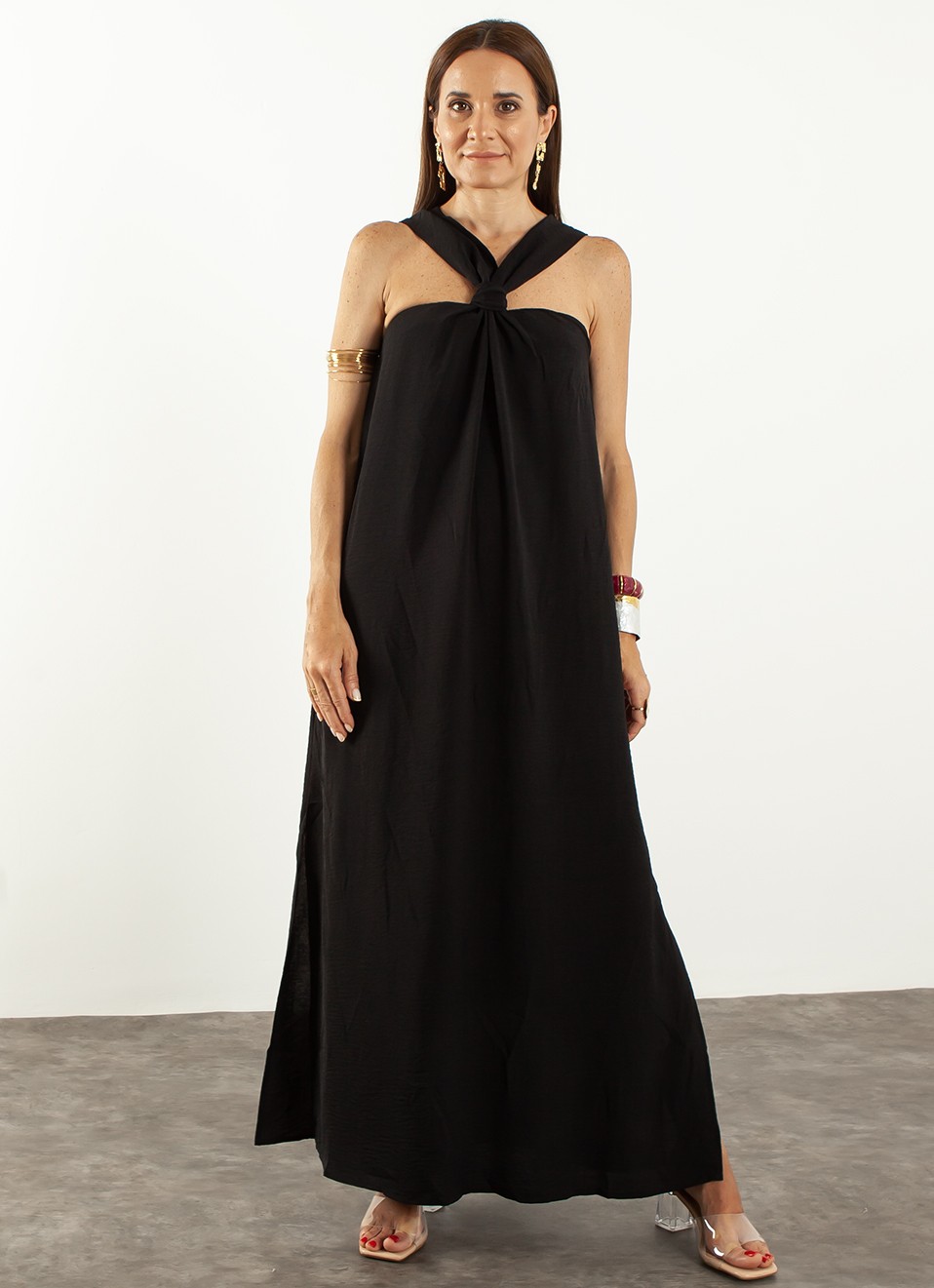 Vestido Cuello Halter Pistacho y Negro | Premonición.online