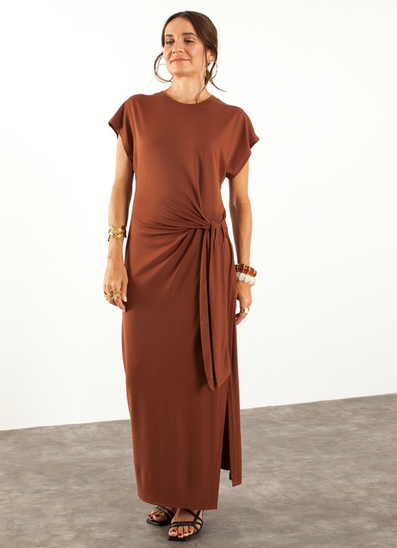 Vestido Largo Ajustado Nudo Manga Corta | Moda Mujer Premonición