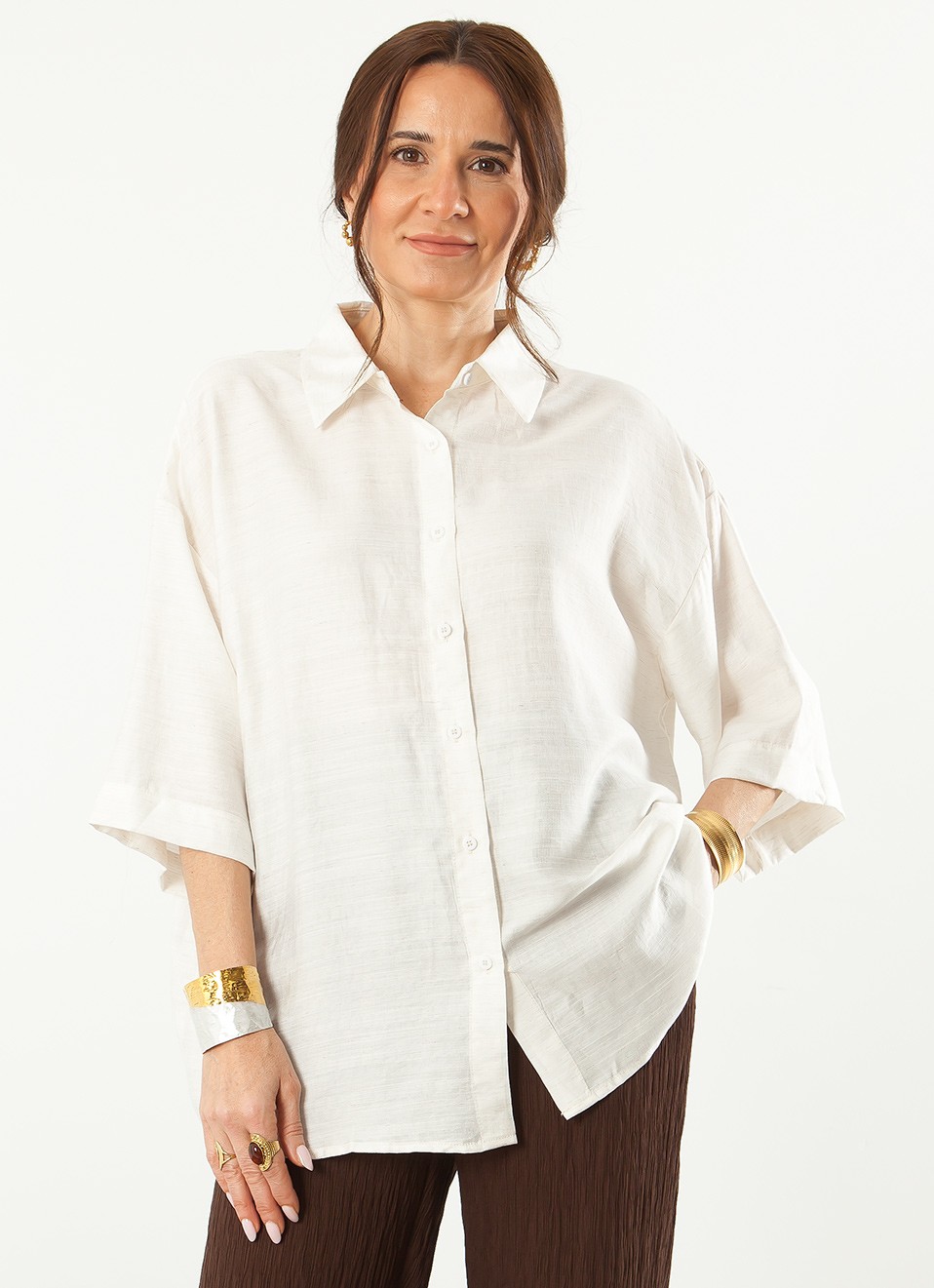 Camisa Lino Manga Corta Mujer | Beige | Premonición.online