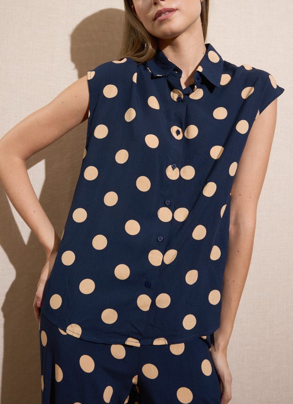 Camisa Azul Marino Lunares Beige Mujer | Premonición.online
