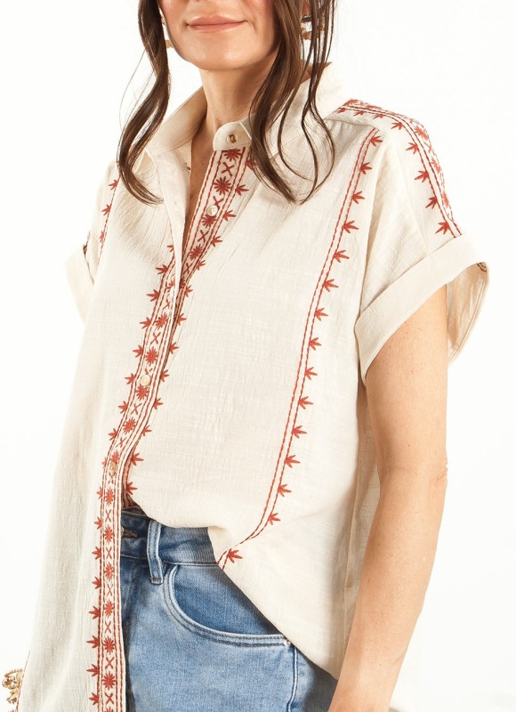 Camisa Bordada Manga Corta Mujer | Moda Femenina | Premonición.online