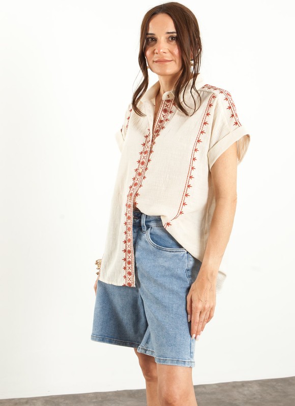 Camisa Bordada Manga Corta Mujer | Moda Femenina | Premonición.online