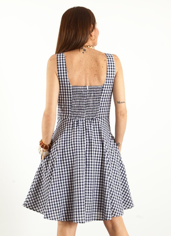 Vestido Evase Vichy Azul Marino Mujer | Premonición.online