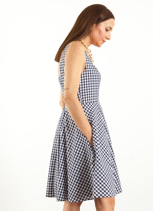 Vestido Evase Vichy Azul Marino Mujer | Premonición.online