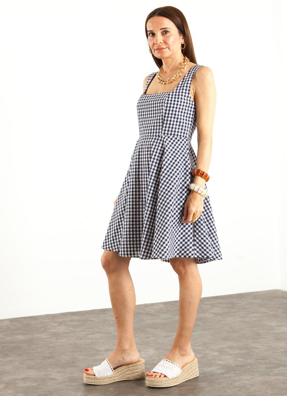 Vestido Evase Vichy Azul Marino Mujer | Premonición.online
