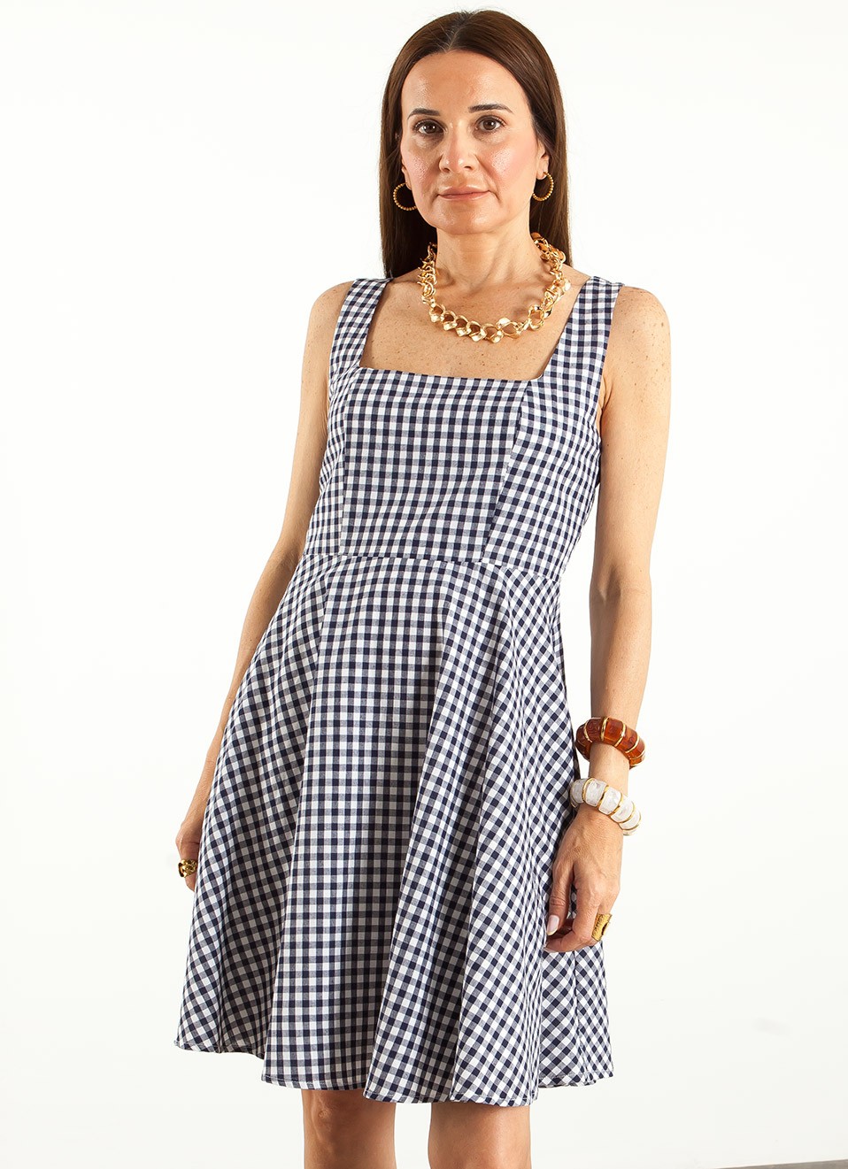 Vestido Evase Vichy Azul Marino Mujer | Premonición.online