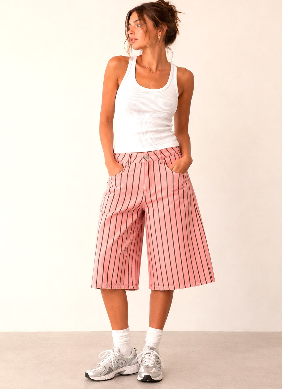 Bermuda Vaquera Rayas Mujer | Rosa y Marrón | Premonición.online