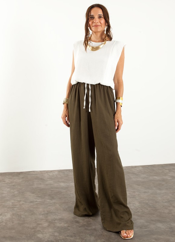 Pantalón Fluido Mujer, Verde, Blanco y Marrón | Premonición.online