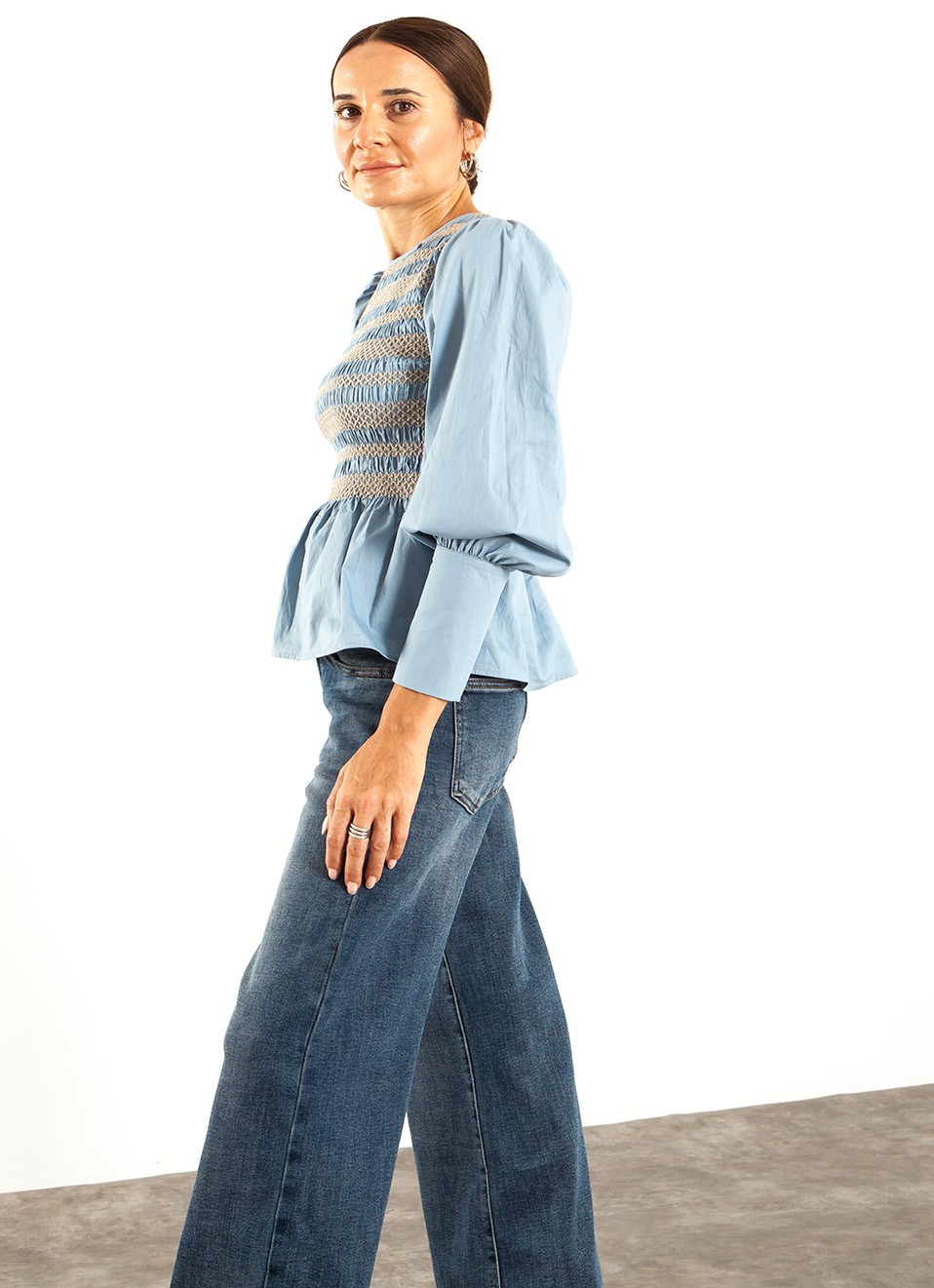 Blusa Nido de Abeja Mujer | Camel y Azul | Premonición.online