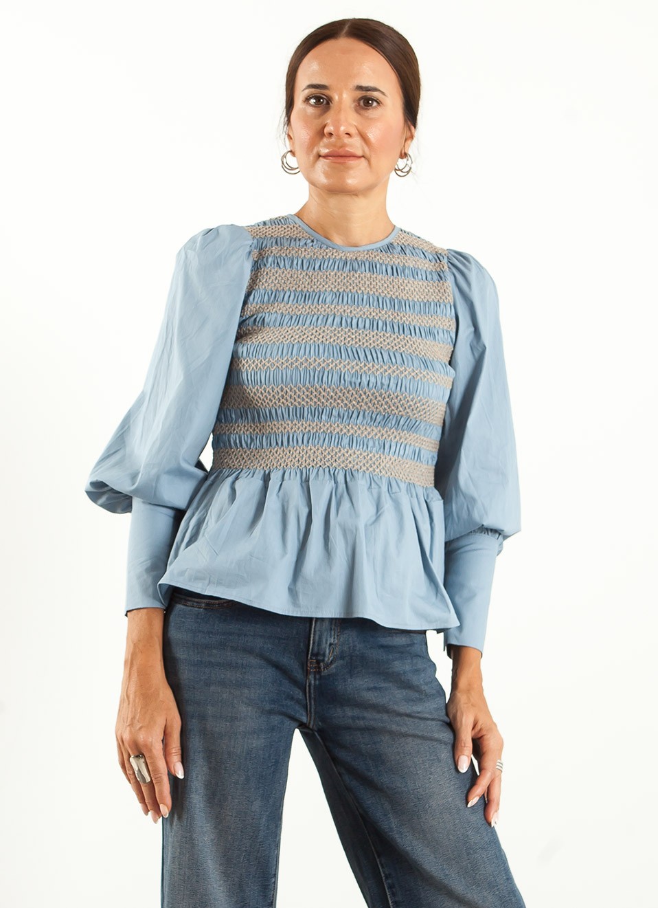 Blusa Nido de Abeja Mujer | Camel y Azul | Premonición.online