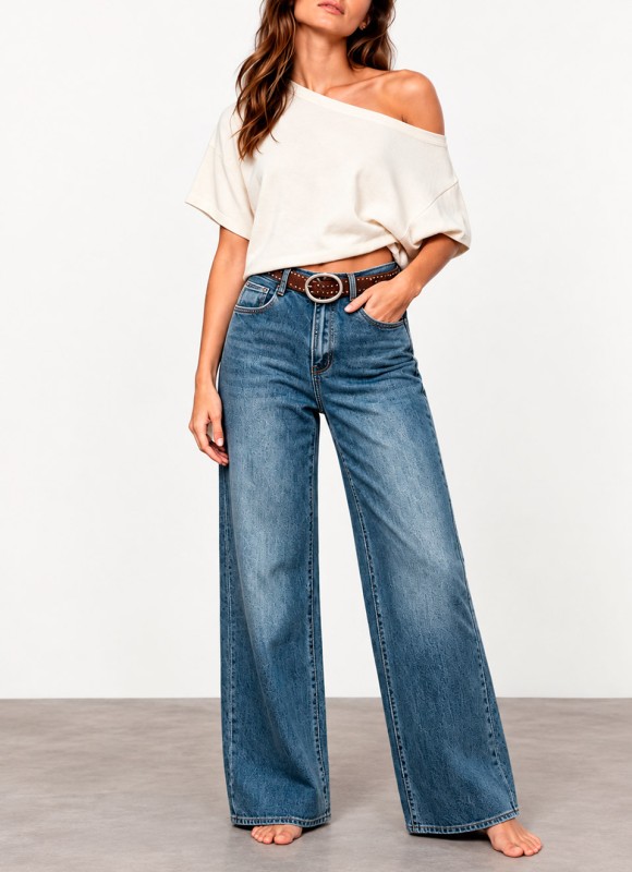 Jeans Dad Fit con Cinturón Tachas Mujer | Vaquero | Premonición.online