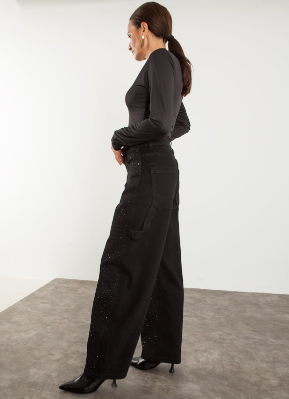 Jeans Balloon Negro con Strass Mujer | Vaquero de Tendencia | Premonición.online