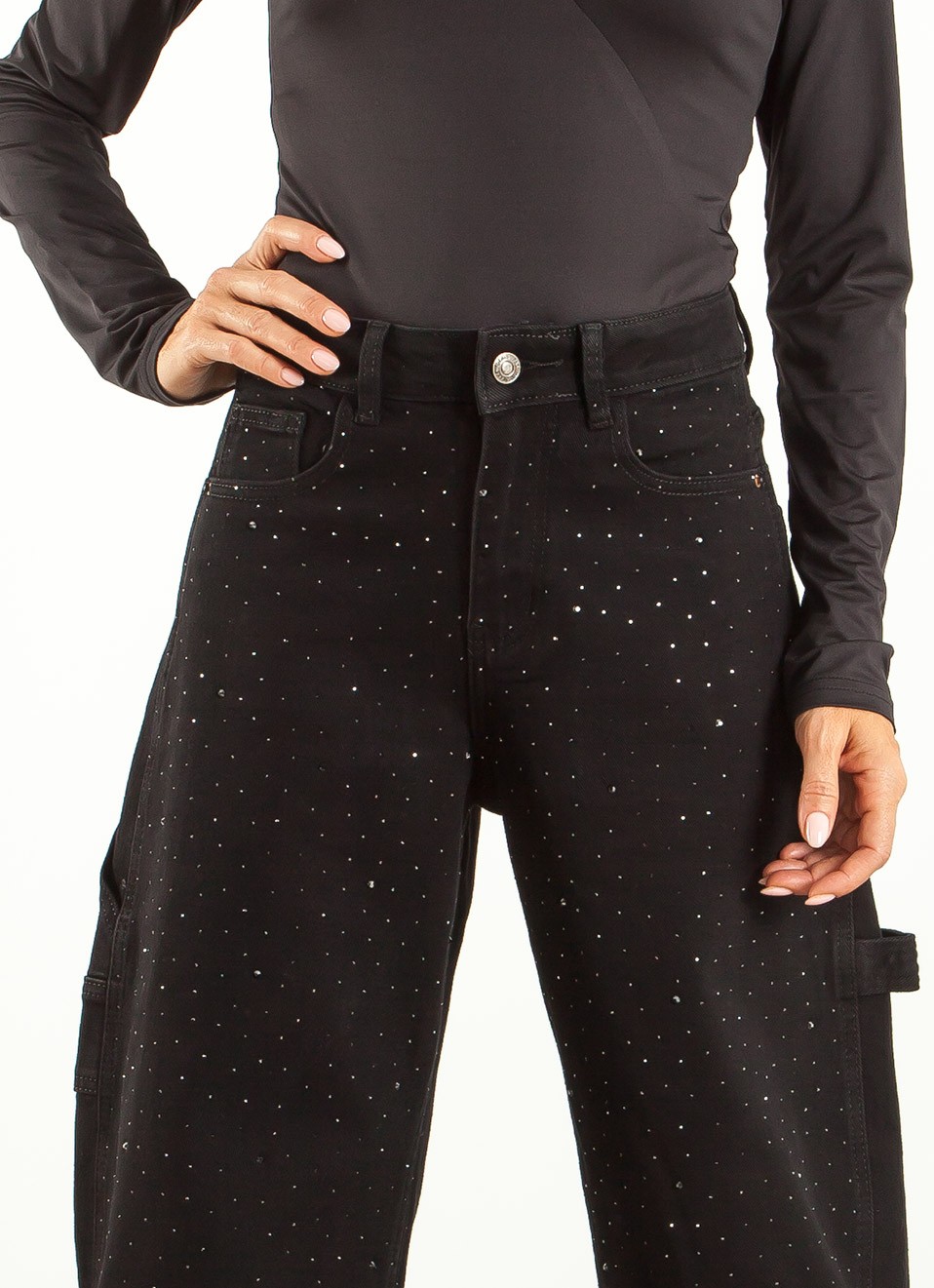 Jeans Balloon Negro con Strass Mujer | Vaquero de Tendencia | Premonición.online