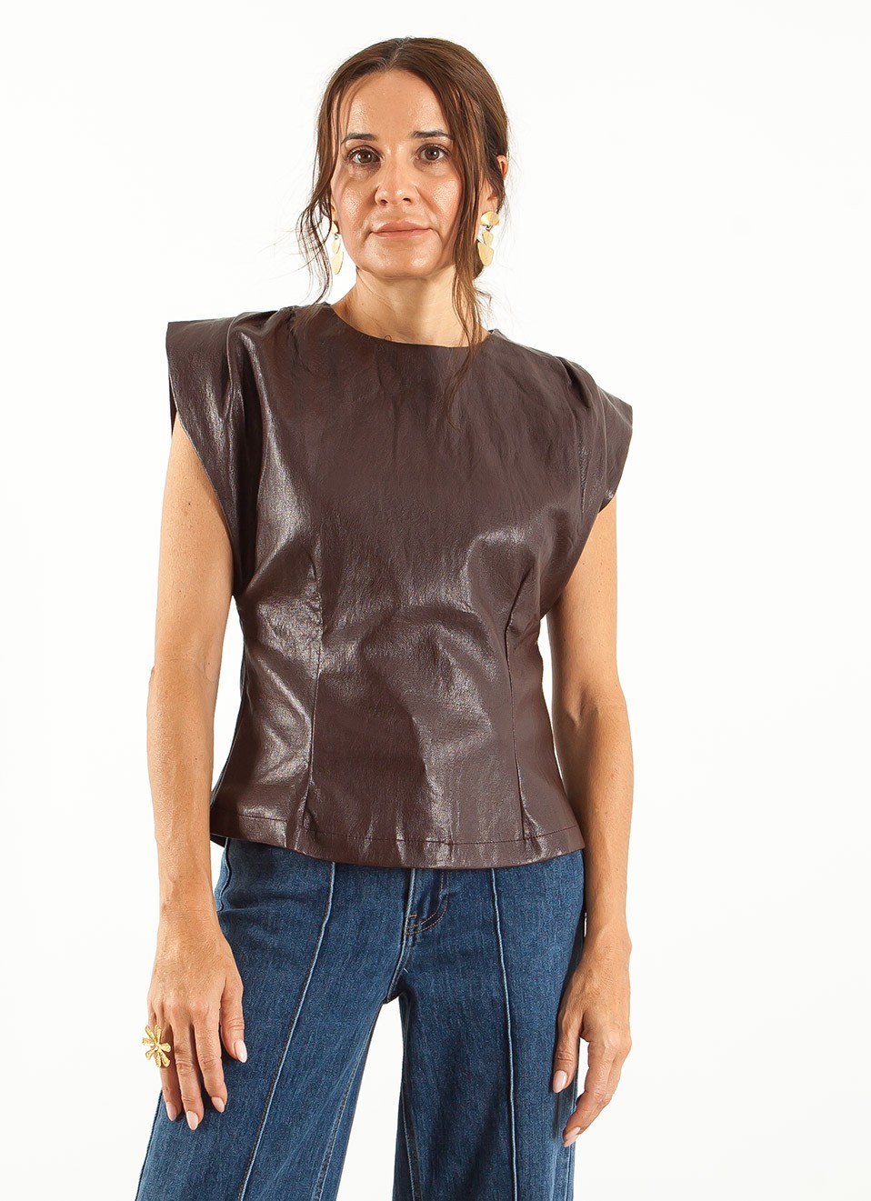 Top Sin Mangas Polipiel Café Mujer | Elegante | Premonición.online