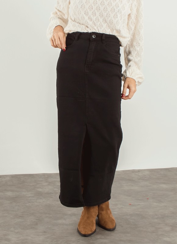Falda Vaquera Midi Negra Mujer | Denim Tendencia | Premonición.online